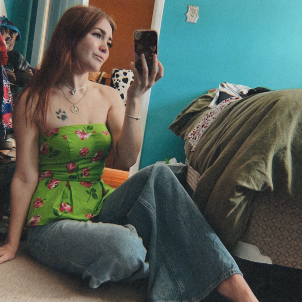 Hollister Lime Green Floral Strapless Crop Top